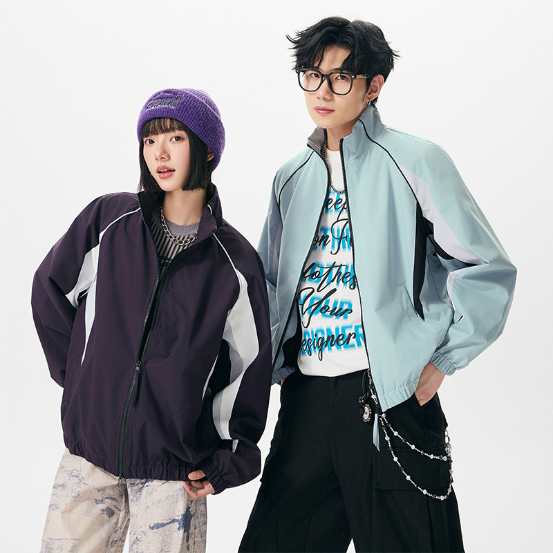 2025 New American Style Contrasting Color Men's Jacket Sports Zipper Stand Collar Jacket Trendy Spring and Autumn Style Tops for Men and Women