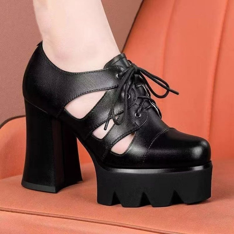 2025 Spring and Summer New Foreign Trade Round Toe Waterproof Platform High Heels Thick Sole Thick Heel Hollow Roman Sandals Sandals Cross-Border