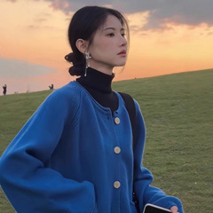 秋冬高级感克莱因蓝色浣熊绒毛衣外套女韩系软糯慵懒针织开衫上衣