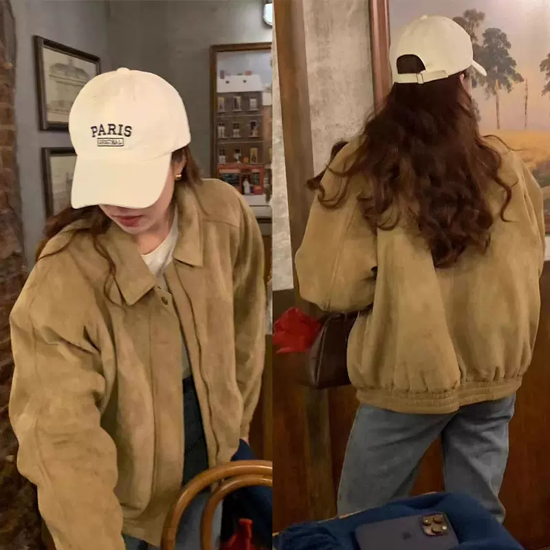 棕色夹克上衣女2026冬季美拉德复古翻领宽松百搭机车服棒球服外套