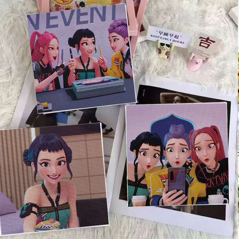 Cross-Border Kpop Hunter Girl Group Diamond Painting Frame DIY Handmade Children's Cartoon Beautiful Girl Brick Painting Diamond Adhesive