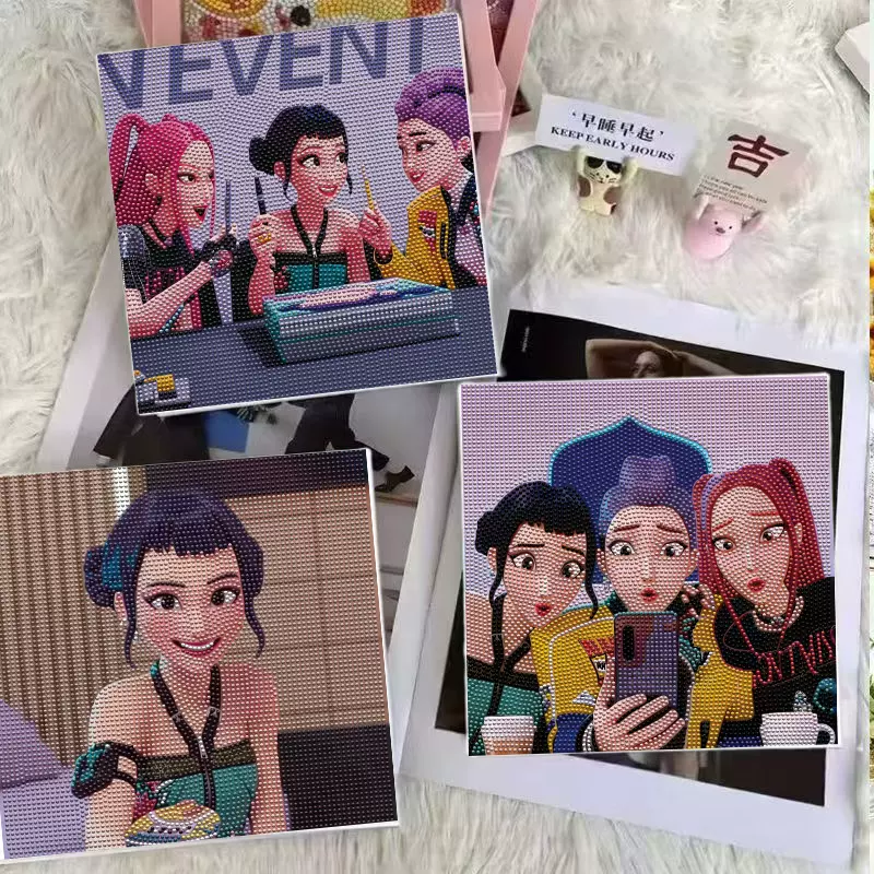 跨境Kpop猎魔女团钻石画绷框diy手工儿童卡通美少女砖石画钻石粘
