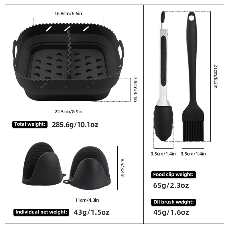 Almohadilla para olla frita de aire de 8,5 pulgadas bandeja para hornear cuadrada cepillo de aceite juego de clip de comida caja de papel kraft fabricante negro gris