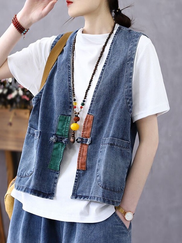 Artistic Retro Color-Blocking Patchwork Denim Vest for Women, Summer Thin Style, Loose Fit, Versatile Sleeveless Top, Vest, Gilet Artistic Retro Color-Blocking Patchwork Denim Vest for Women, Summer Thin Style, Loose Fit, Versatile Sleeveless Top, Vest, Gilet