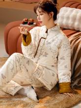 新中式睡衣女款冬季珊瑚绒三层夹棉袄加厚加绒国风立领套装家居服