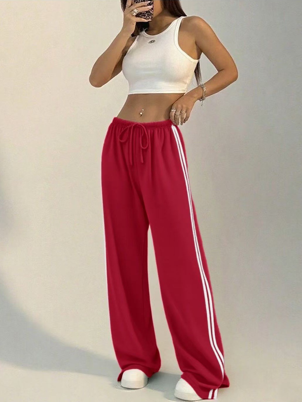 High-waisted Wide-leg Lounge Pants With Side Stripe Detail_voghion.com