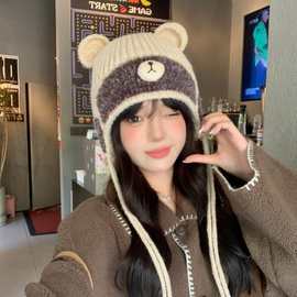 韩国可爱小熊套头针织帽子女秋冬季学生百搭保暖包头护耳毛线帽潮