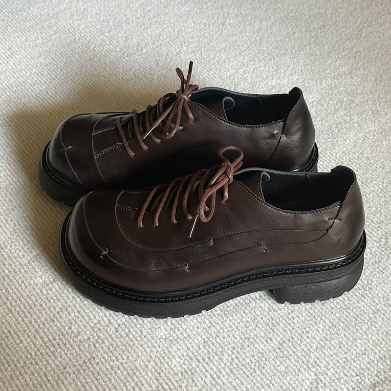 ShoeVault Chunky Toe Commuter Leather Thick Sole Korean Version Derby Shoes British Style Unisex Trendy Height Increasing Niche_voghion.com