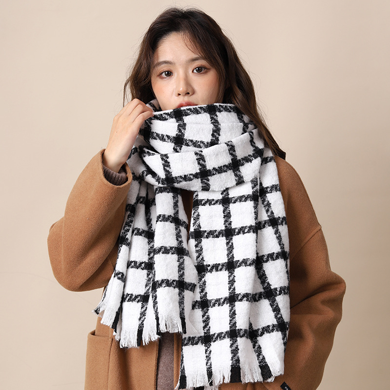 Eșarfă groasă și caldă premium pentru femei, ediție coreeană versatilă, cu model Thousand Bird Grid, iarna 2024, tendință pentru cupluri studenți_voghion.com