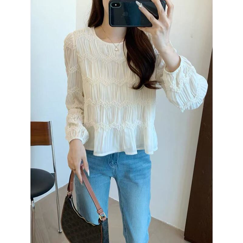 Romantic Fairy Heavy Industry Multi-layer Pleated Texture Sense Ruffle Hem Micro Loose Lace Shirt H0405S