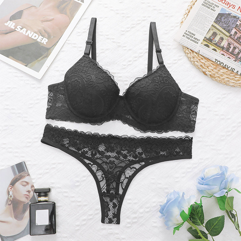 Cross-border French-style close-fitting underwear set sexy comfortable fashionable ribbon lace ultra-thin bra set supply source