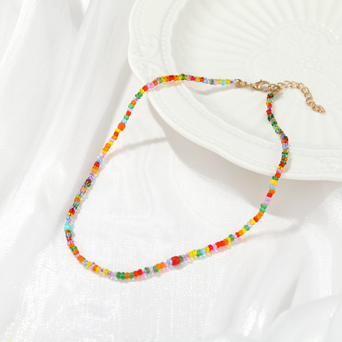 New European and American trendy choke-style fashion bohemian short necklaces—handmade beaded colorful rice-bead necklaces