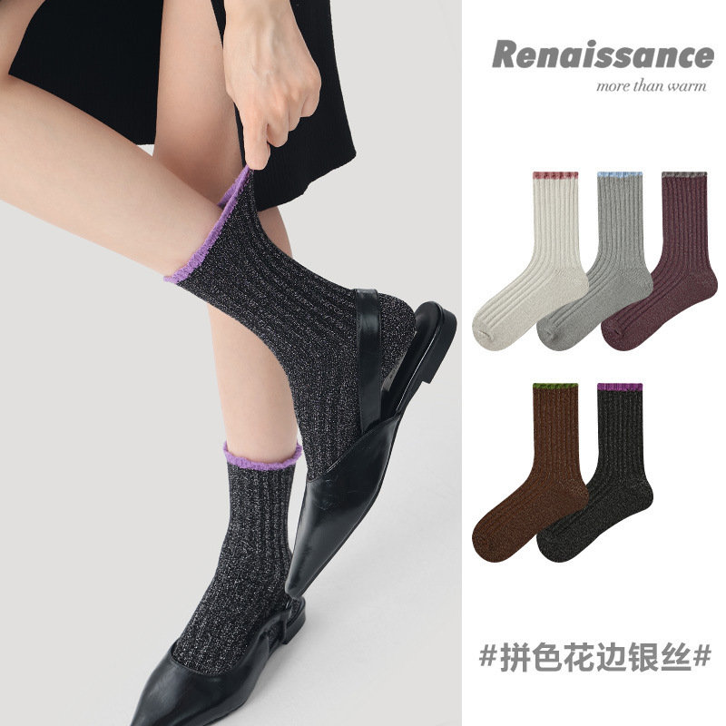 Renaissance socks women's color matching gold and silver silk pile socks spring and autumn boneless thin breathable stockings