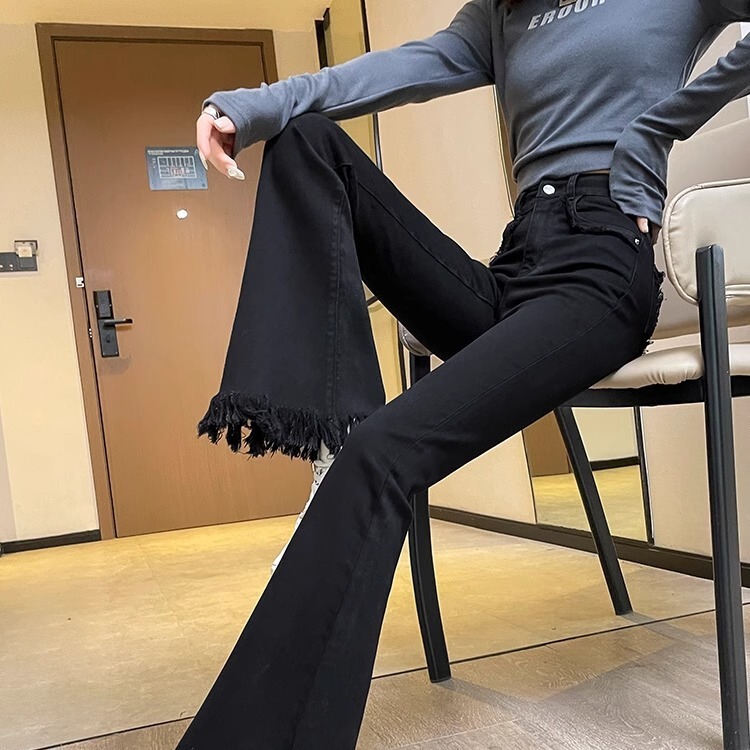 2024 Summer Wear Micro-blared Jeans Women's High Waist Slimming Fringe Trousers Black Horn Horseshoe Pants 2024 Summer Wear Micro-blared Jeans Women's High Waist Slimming Fringe Trousers Black Horn Horseshoe Pants