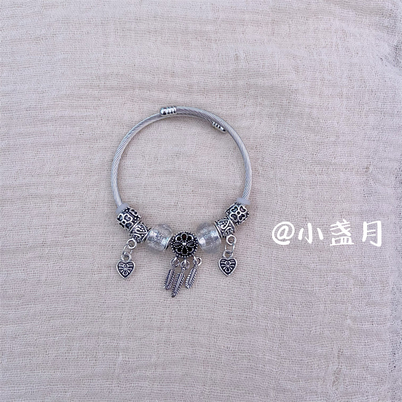 Pulsera de Acero Inoxidable Panjia Dora con Corazón y Oso, Pulsera Abierta con Cuentas para DIY, Joyería de Estilo Fresco, Éxito de Ventas en Amazon