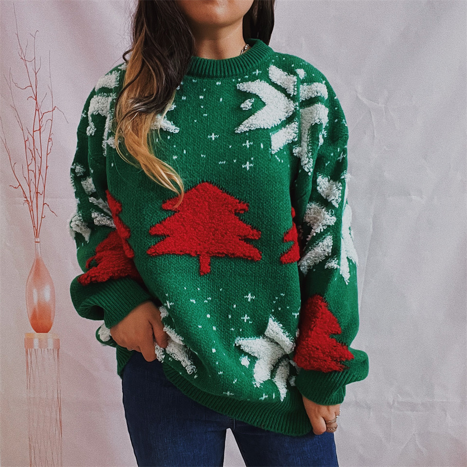 Amazon transfronterizo otoño e invierno nuevo árbol de Navidad jacquard cuello redondo manga larga engrosada Jersey de punto suéter de Navidad para las mujeres