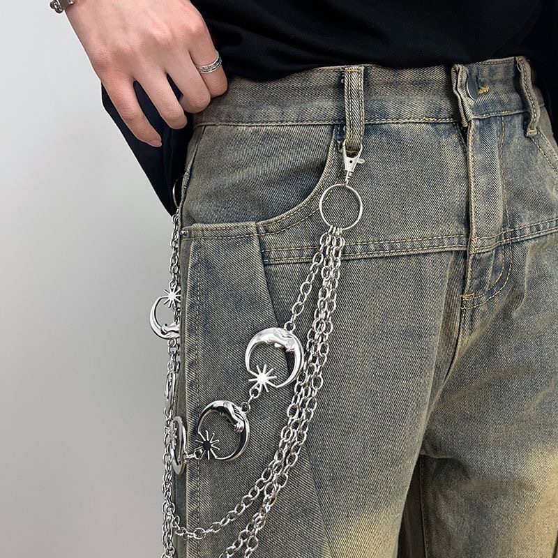 Men's Moon And Star Silver Waist Chain For Jeans Retro Accessory_voghion.com
