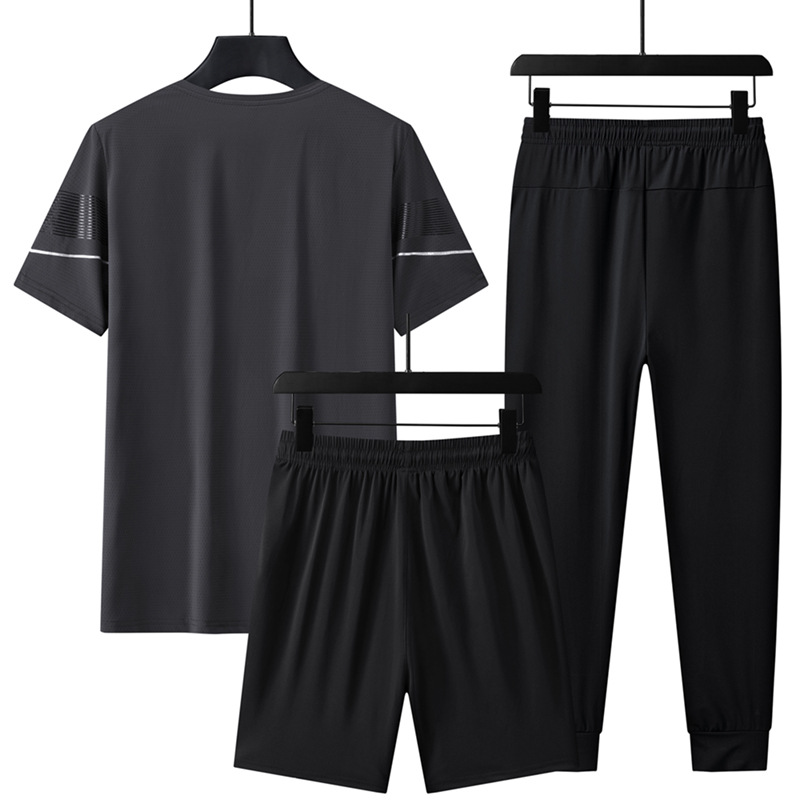 Trajes deportivos de seda de hielo de verano para hombres, mangas cortas, pantalones cortos, pantalones largos, carreras casuales, secado rápido, delgado, conjunto de tres piezas al por mayor