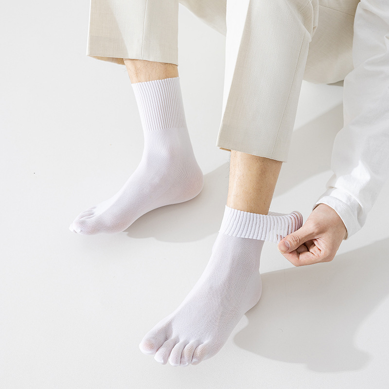 夏季男士薄款五指襪天鵝絨純色百搭吸汗透氣中筒襪春秋款分趾襪男