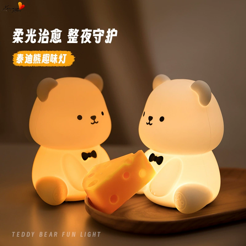 Cross-Border New Teddy Bear Night Light Girls Gift That Lights up at a Time Colorful Atmosphere Lamp Bedroom Silicone Pat Lamp