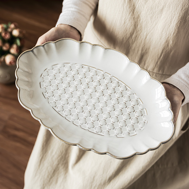 Plato de cerámica exquisito, plato de pescado grande, plato de comida japonés, plato largo, plato de platos caseros, plato de comida occidental al por mayor