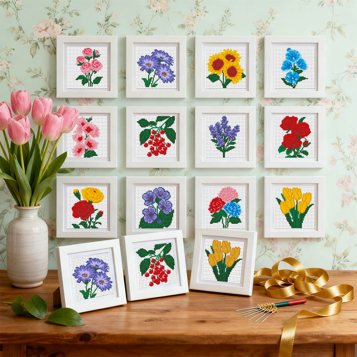 Transfronterizo caliente amazon inglés flores de bordado cruzado 12 piezas set de pequeñas piezas lindas novato bordado cruzado image 1