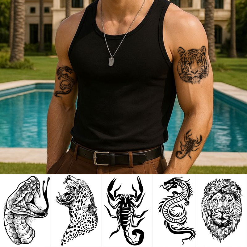 Cross-Border Popular Item: Bold Dark Style Men's Temporary Tattoo Stickers Featuring Dragon Head, Snake Head, Scorpion, Tiger, Leopard, and Lion Cross-Border Popular Item: Bold Dark Style Men's Temporary Tattoo Stickers Featuring Dragon Head, Snake Head, Scorpion, Tiger, Leopard, and Lion