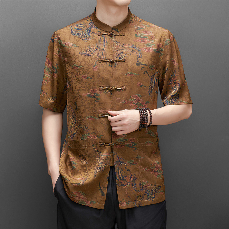 Bộ đồ lụa tơ tằm nam phong cách Trung Hoa mùa hè mỏng, quần dài tay ngắn dáng rộng — Bộ đồ đen 2280