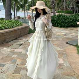 大码胖mm法式气质荷叶边连衣裙女春夏白色露肩仙女长裙子200斤