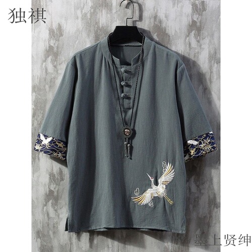 Embroidered flax short-sleeve t-shirt for men, summer thin loose trendy brand large size Tang suit Chinese style cotton linen button-down t-shirt
