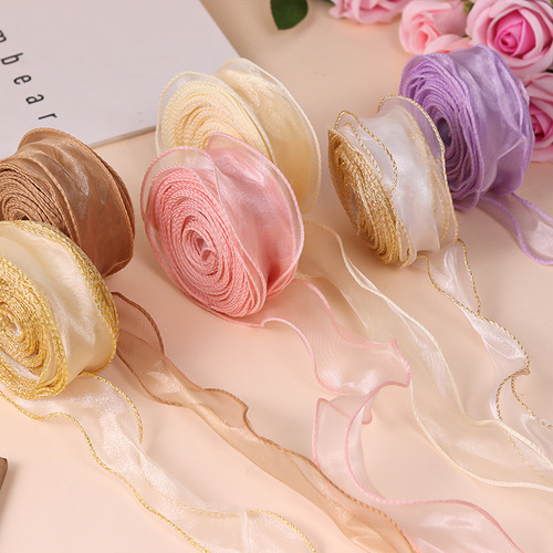 Cake flower bouquet ribbon bow tied with hairpin headdress wavy roll packaging fishtail snow yarn woven satin colorful streamers