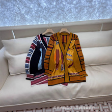 25秋新款真丝斜纹印花拼接羊毛长袖撞色中长款开衫针织衫女上衣