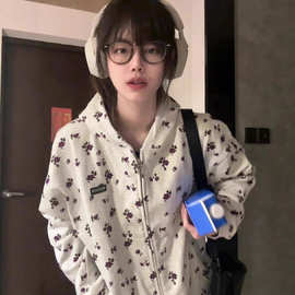 美式高街碎花拉链开衫卫衣女春秋宽松设计感小众百搭加绒加厚外套