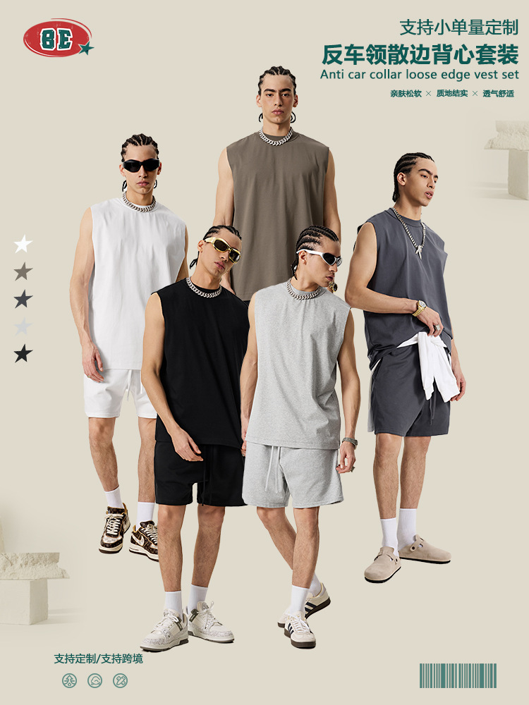 BE ropa de hombre | 2025 verano marca de moda americana fitness deportivo chaleco suelto casual cordón pantalones de cinco puntos hombres al por mayor