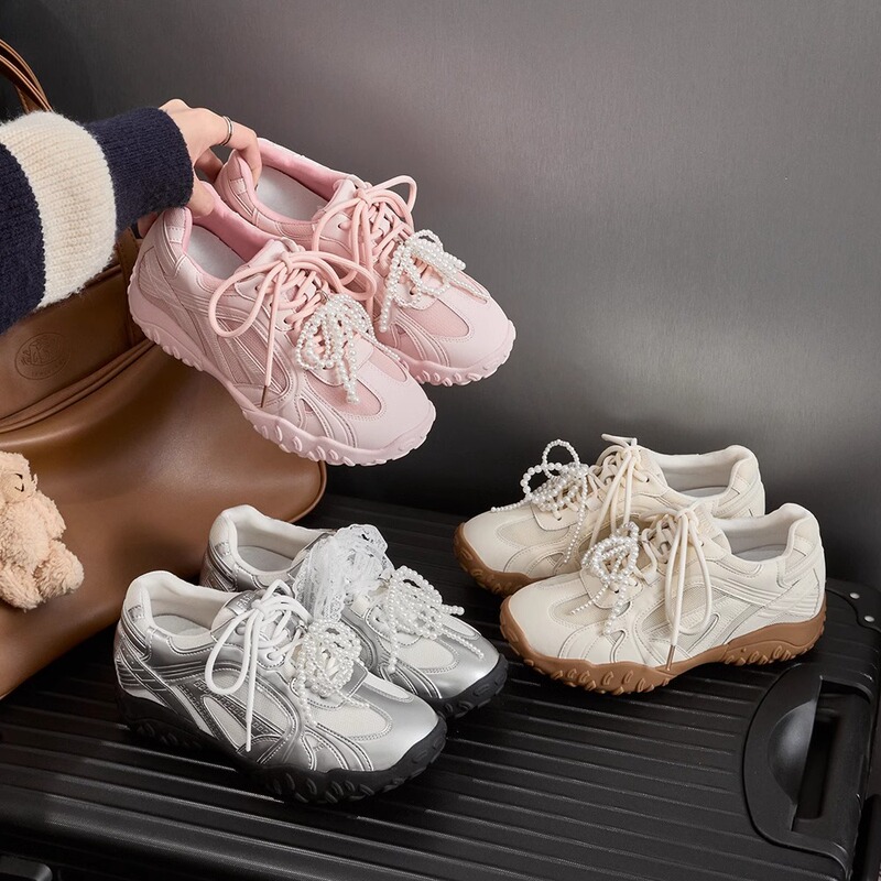 6CM Inner Heightening German Training Shoes Women's Lace Pearl Summer New silver Thick Bottom Mesh Casual sneaker Forrest Gump Shoes