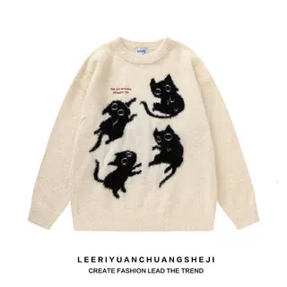 美式复古猫猫剪影针织衫女男慵懒风设计感情侣休闲百搭软糯毛衣