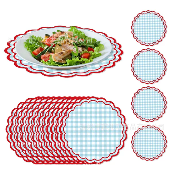 Ca180 Red and Blue Plaid Lace Shaped Placemats Party Decoration Paper Tableware Disposable Shaped Placemat Paper