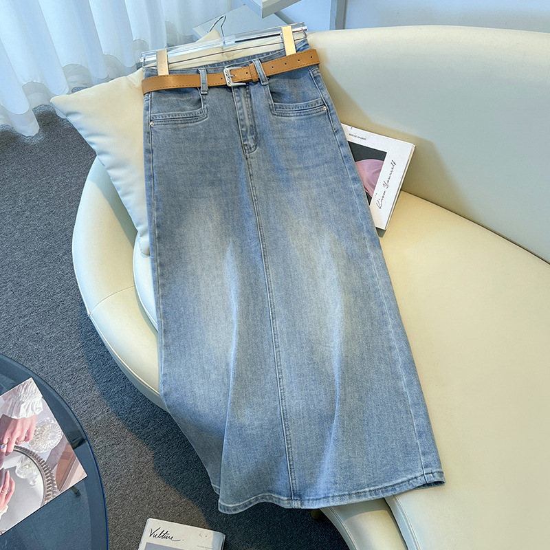 白色牛仔半身裙女秋季2025新款高腰a字直筒裙显瘦后开叉包臀裙子|undefined