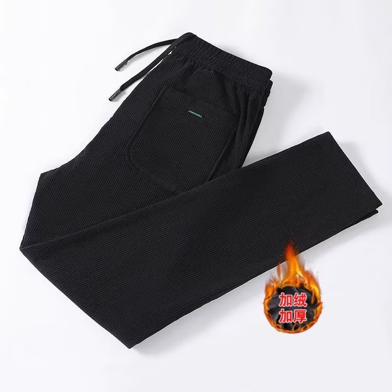 Casual pants all-match straight solid color sweatpants boys autumn and winter plus size loose ankle-tied fleece-lined thickened sports trousers