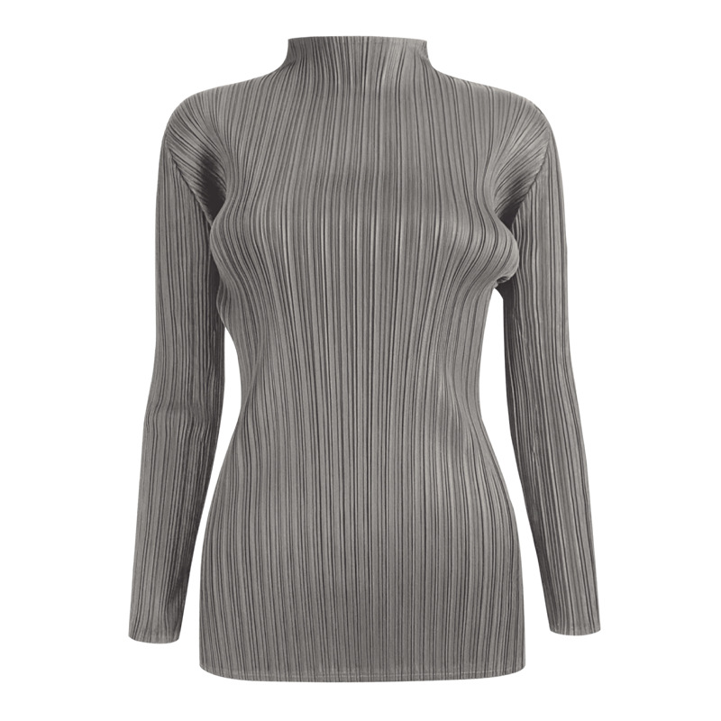 三宅シンプルクラシックプリーツレディース長袖トップス春半袖スタンドカラーTシャツドロップシッピング