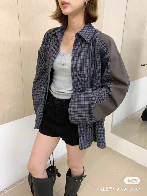 25早秋新款小众设计复古格纹拼接宽松慵懒感衬衫外套女款|undefined