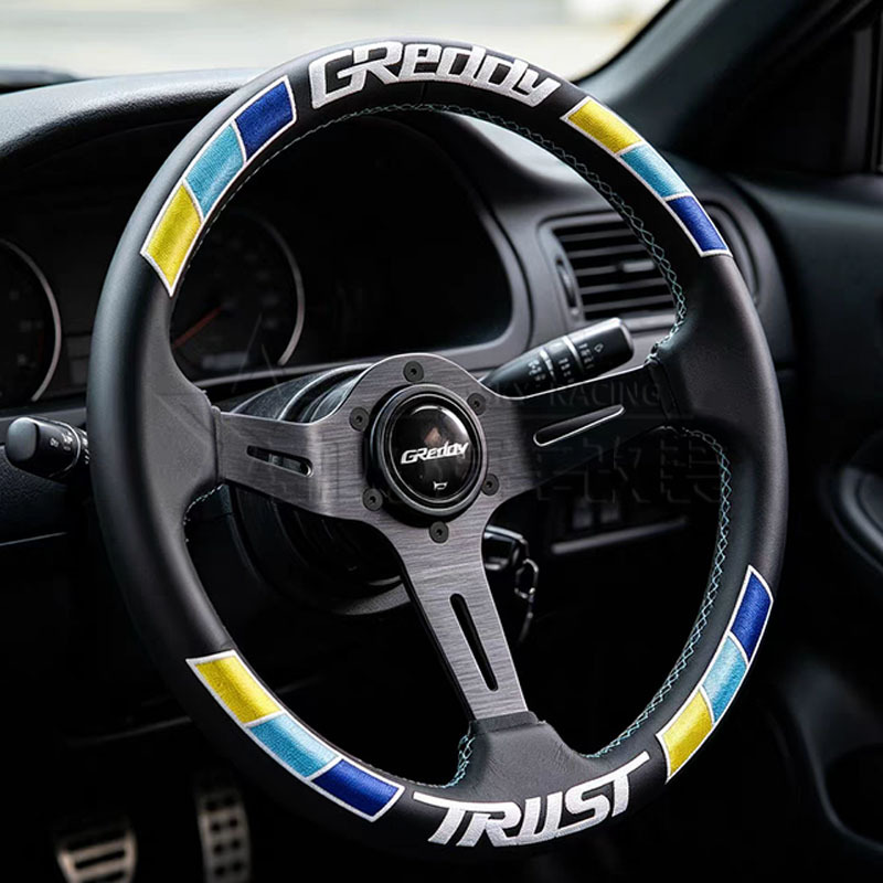 Cross-border best-selling car modification 14-inch 350mm genuine leather steering wheel, universal concave three-color stripe embroidered steering wheel