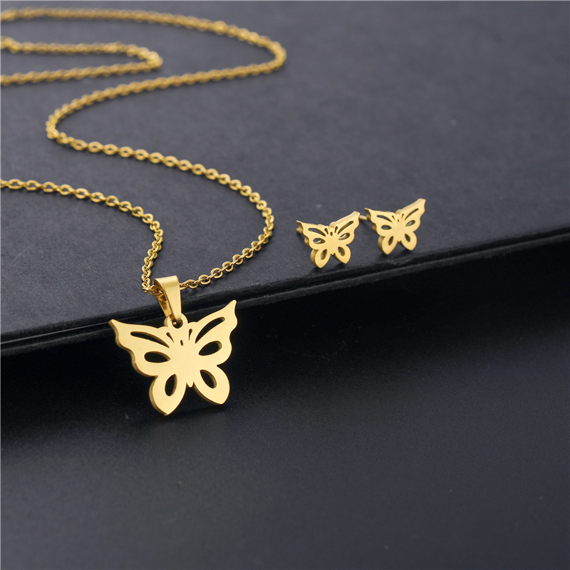 fashion butterfly necklace earrings set gold-plated stainless steel two-piece