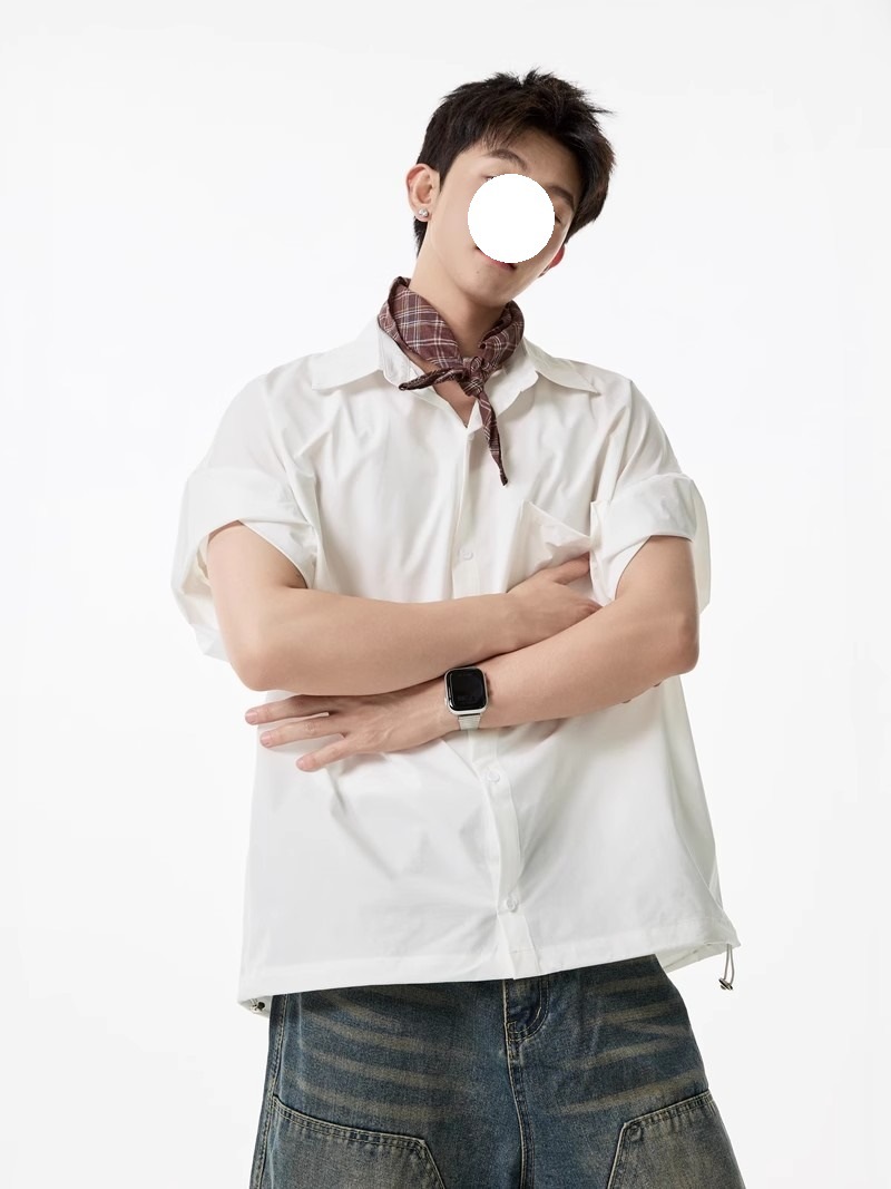 Khaki Tooling Shirt Short-sleeved Men's Summer American Simple Loose Lapel Shirt Drawstring Design Couple Inch Clothes Tide_viptrois.com