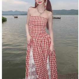 法式复古条纹格子蕾丝拼接抹胸连衣裙女夏季气质收腰显A字长裙