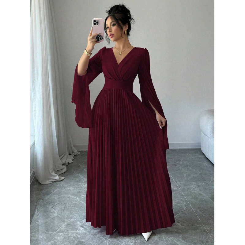 Cross-Border Amazon Europe and America 2026 Summer New Style Pure Desire V-Neck Pleated Open-Sleeve Elegant Romantic Long Dress Cross-Border Amazon Europe and America 2026 Summer New Style Pure Desire V-Neck Pleated Open-Sleeve Elegant Romantic Long Dress