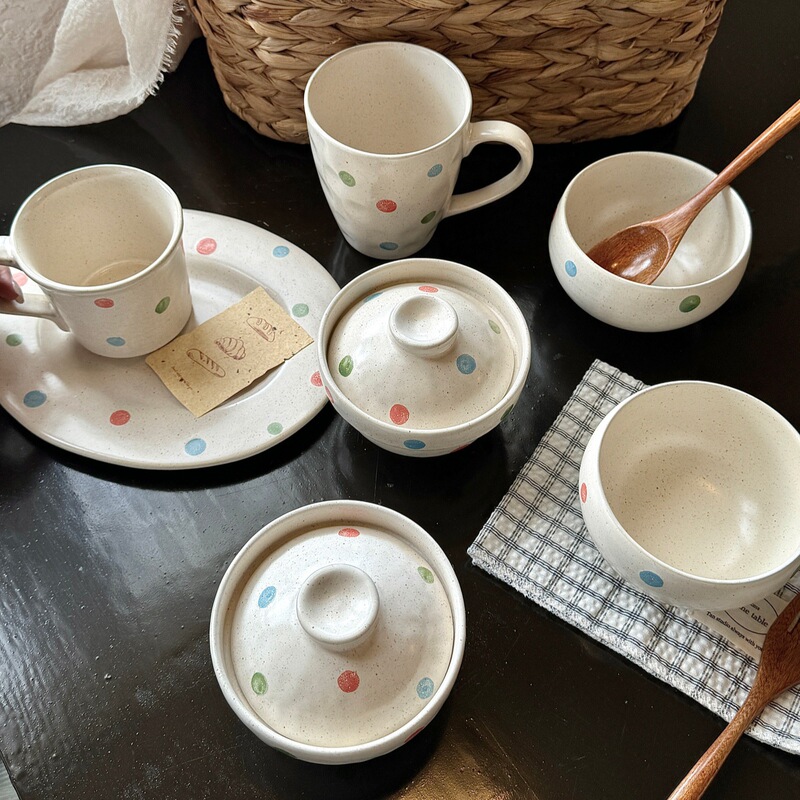 Colorful Polka Dot Ceramic Tableware Set, Household Bowl, Plate, Cup, and Saucer Combination, Cute Girly Dining Table Set, Gift-Giving Set Colorful Polka Dot Ceramic Tableware Set, Household Bowl, Plate, Cup, and Saucer Combination, Cute Girly Dining Table Set, Gift-Giving Set