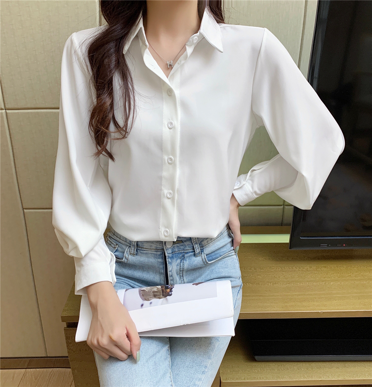 temperament lantern sleeve chiffon shirt Nihaostyles wholesale clothing vendor NSFYF76639