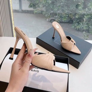 2025 new summer style nude metal open-toe sandals, outer wear sandals, satin pointed toe stiletto sexy high-heeled women's shoes