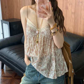 2026 早秋新品/碎花亮片薄纱吊带上衣